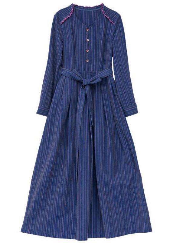 Handmade v neck tie waist spring clothes For Women linen dark blue striped Dresses - SooLinen