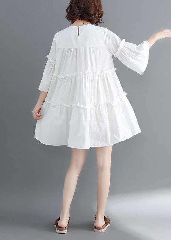 Handmade white Cotton quilting dresses o neck flare sleeve Cinched short summer Dresses - SooLinen