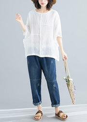 Handmade white cotton blended tunic top Casual Wardrobes o neck Batwing Sleeve patchwork baggy Summer shirt - SooLinen