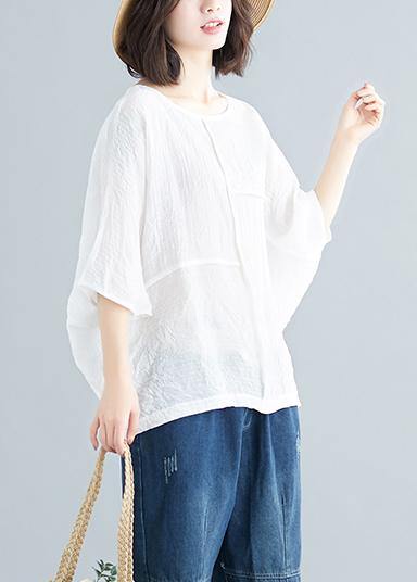 Handmade white cotton blended tunic top Casual Wardrobes o neck Batwing Sleeve patchwork baggy Summer shirt - SooLinen