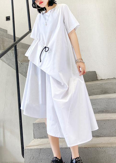 Handmade white cotton o neck drawstring Robe summer Dress - SooLinen