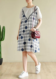 Handmade white dotted outfit o neck A Line summer Dress - SooLinen