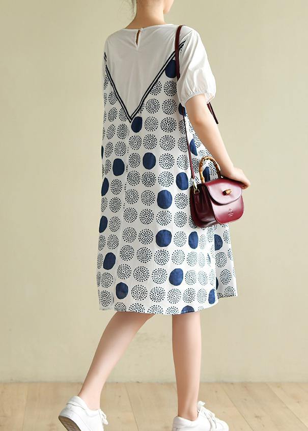 Handmade white dotted outfit o neck A Line summer Dress - SooLinen