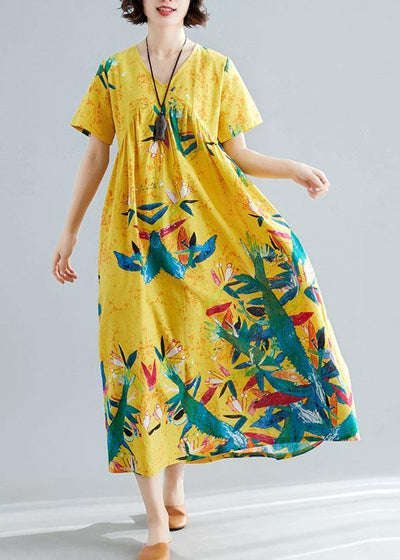 Handmade yellow prints cotton clothes For Women v neck Maxi summer big hem Dresses - SooLinen