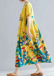 Handmade yellow prints cotton clothes For Women v neck Maxi summer big hem Dresses - SooLinen