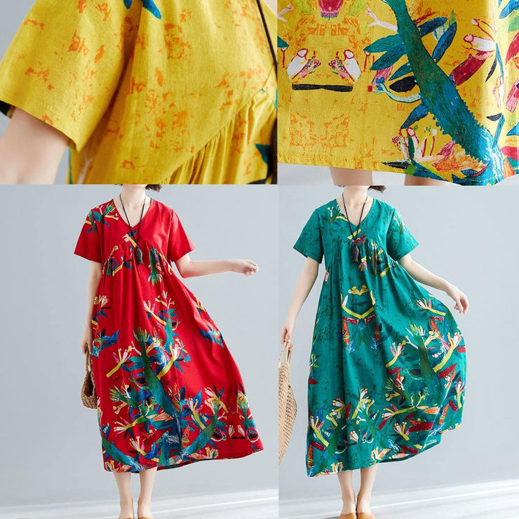 Handmade yellow prints cotton clothes For Women v neck Maxi summer big hem Dresses - SooLinen