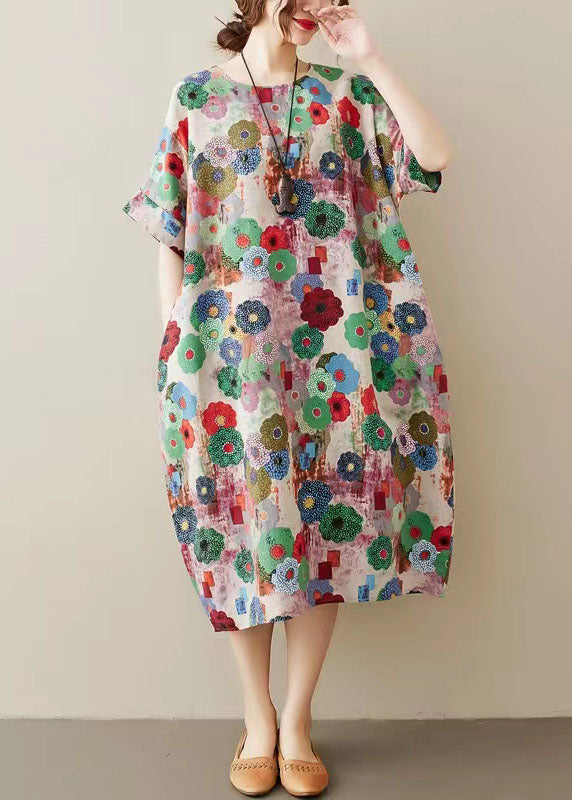 Handmade chocolate print o neck cotton summer Dresses