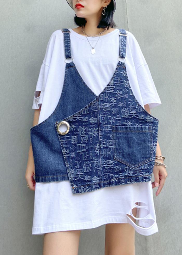 Hole white short-sleeved t-shirt female loose summer large size shirt denim vest suit two-piece suit - SooLinen