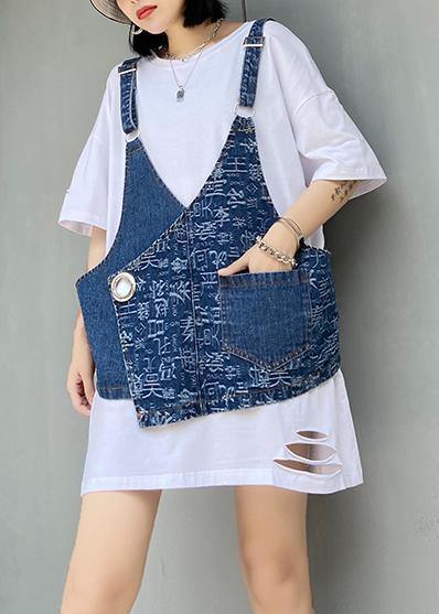 Hole white short-sleeved t-shirt female loose summer large size shirt denim vest suit two-piece suit - SooLinen