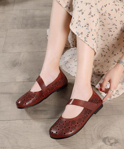 Hollow Out Brown Flat Feet Shoes Buckle Strap Flat Shoes - SooLinen