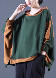 Hot Tea Green Hooded Patchwork Loose Fall Sweatshirts Top