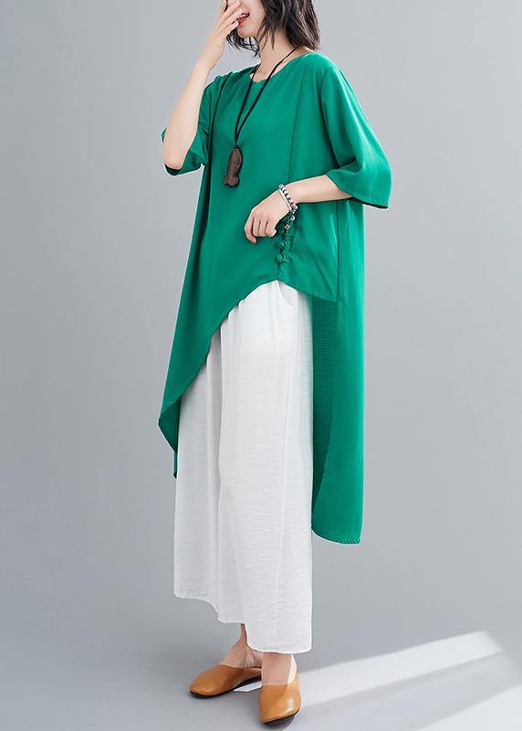 Irregular cotton linen green two-piece five-point sleeve V-neck T-shirt wide-leg pants - SooLinen