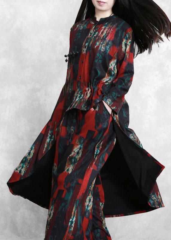 Irregular red print suit women pleated casual two-piece suit - SooLinen