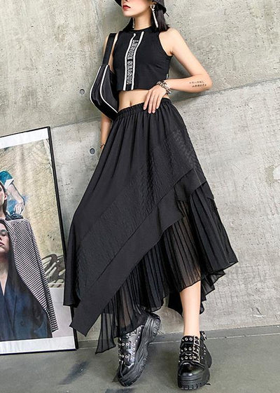 Irregular skirt a-line skirt mid-length black stitching pleated skirt - SooLinen