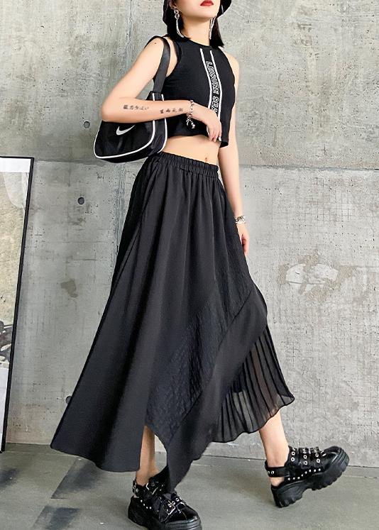 Irregular skirt a-line skirt mid-length black stitching pleated skirt - SooLinen