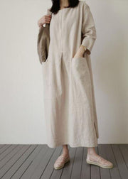 Italian Beige O-Neck side open Cotton Dress Spring