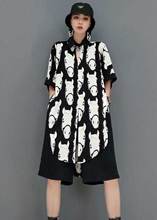 Italian Black Asymmetrical Print Cotton Two Pieces Set Short Sleeve