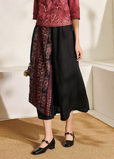 Italian Black Embroideried Wide Leg Summer Pants Linen - SooLinen