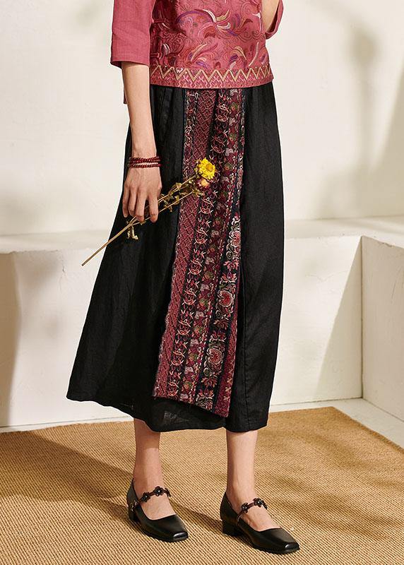 Italian Black Embroideried Wide Leg Summer Pants Linen - SooLinen