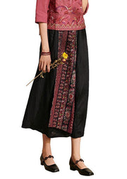 Italian Black Embroideried Wide Leg Summer Pants Linen - SooLinen