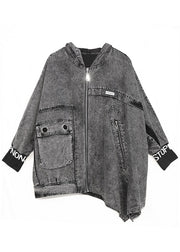 Italian Black Hooded asymmetrical design denim Coat Spring