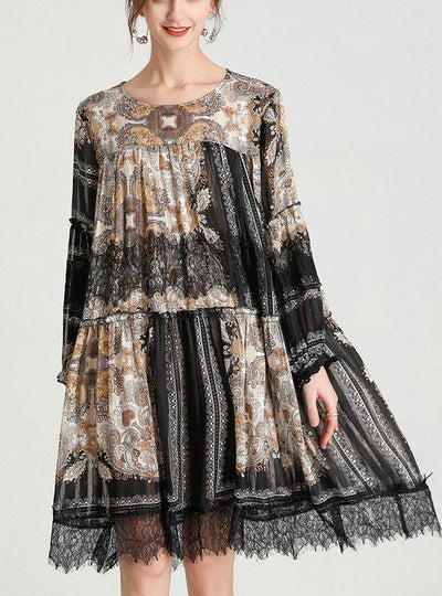 Italian Black Print Chiffon O-Neck Summer Party Dress - SooLinen