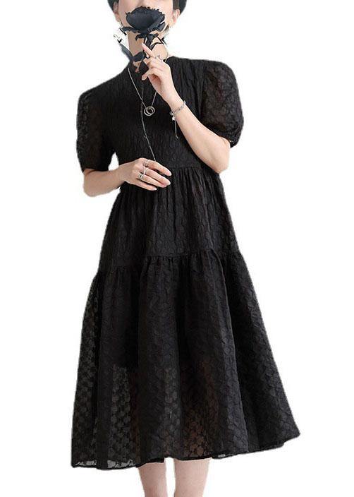 Italian Black Puff Sleeve Patchwork Summer Dress Short Sleeve - SooLinen