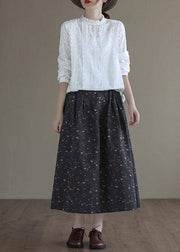 Italian Black Retro Print Summer Skirt Linen - SooLinen