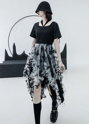 Italian Black White Tulle Patchwork Asymmetrical Design Ruffled Cotton Cinch Dresses Summer