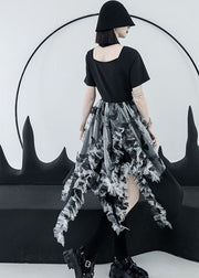 Italian Black White Tulle Patchwork Asymmetrical Design Ruffled Cotton Cinch Dresses Summer