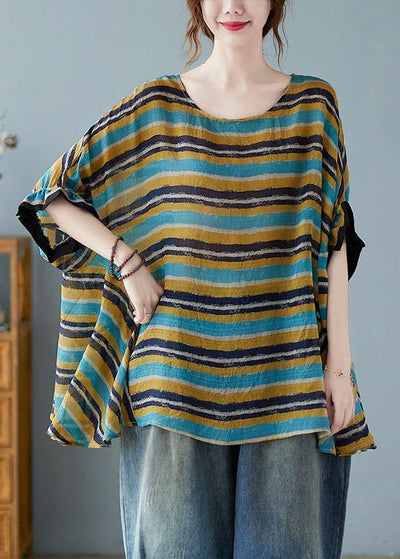 Italian Blue Asymmetric Striped Tee Batwing Sleeve - SooLinen