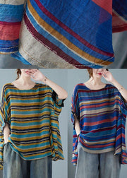 Italian Blue Asymmetric Striped Tee Batwing Sleeve - SooLinen