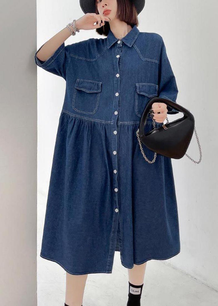 Italian Blue Button Pockets Denim Dresses Summer - SooLinen