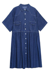 Italian Blue Button Pockets Denim Dresses Summer - SooLinen