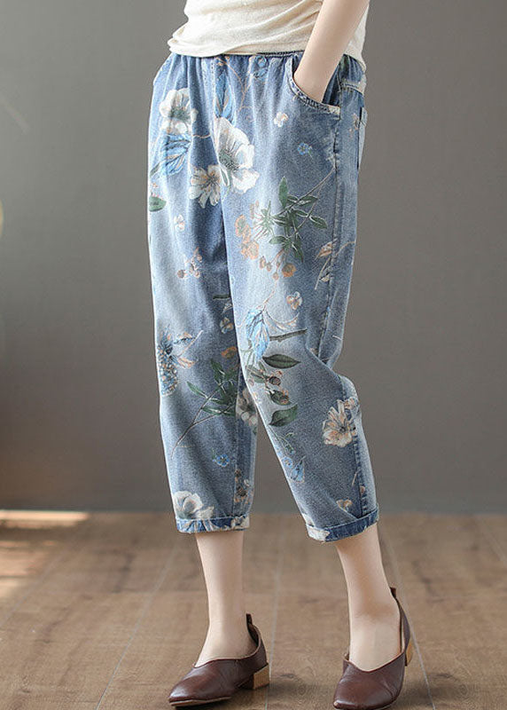 Italian Blue Elastic Waist Pockets Print Cotton Denim Crop Pants Summer