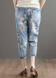 Italienische Blaue Elastische Taillentaschen Bedruckte Baumwoll-Denim-Crop-Hose Sommer