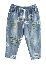 Italian Blue Elastic Waist Pockets Print Cotton Denim Crop Pants Summer