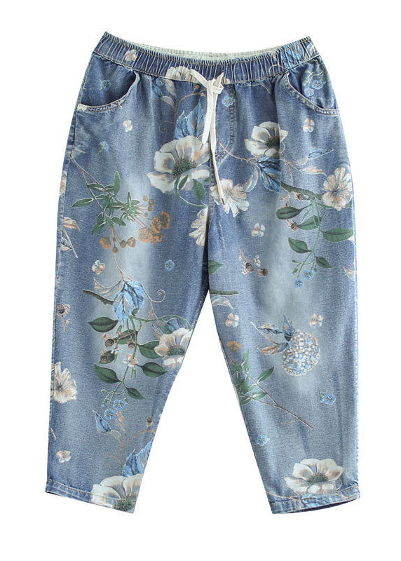 Italienische Blaue Elastische Taillentaschen Bedruckte Baumwoll-Denim-Crop-Hose Sommer