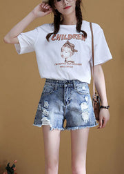 Italian Blue High Waist Hole Pockets Side Open Cotton Denim Shorts Summer