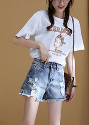 Italian Blue High Waist Hole Pockets Side Open Cotton Denim Shorts Summer