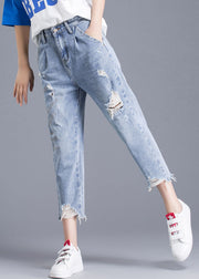 Italian Blue High Waist Letter Embroideried Hole Cotton Denim Crop Pants Summer