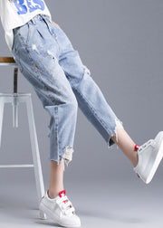 Italian Blue High Waist Letter Embroideried Hole Cotton Denim Crop Pants Summer