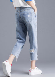 Italian Blue High Waist Letter Embroideried Hole Cotton Denim Crop Pants Summer