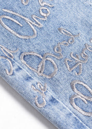 Italian Blue High Waist Letter Embroideried Hole Cotton Denim Crop Pants Summer