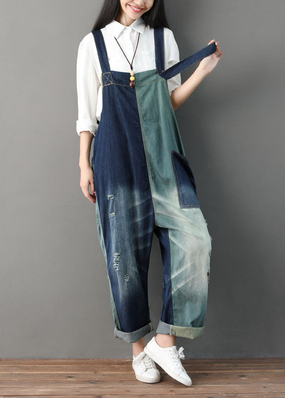 Italian Blue Hole Pockets Patchwork Jumpsuit Spring