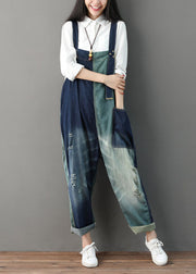 Italian Blue Hole Pockets Patchwork Jumpsuit Spring