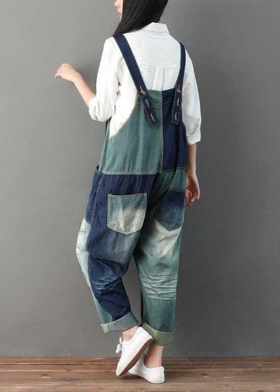 Italian Blue Hole Pockets Patchwork Jumpsuit Spring