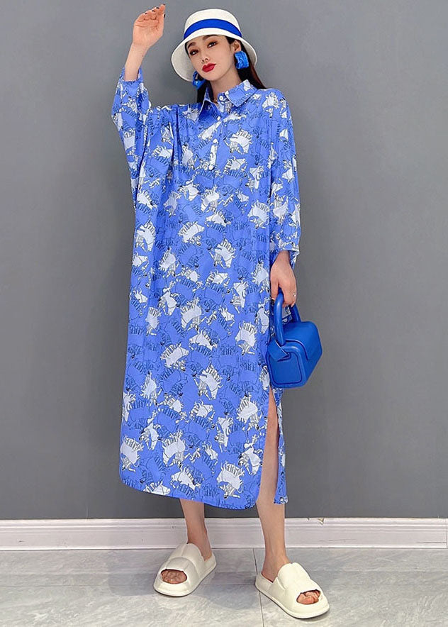 Italian Blue Peter Pan Collar Print Cotton Loose Shirt Dress Long Sleeve