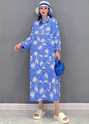 Italian Blue Peter Pan Collar Print Cotton Loose Shirt Dress Long Sleeve