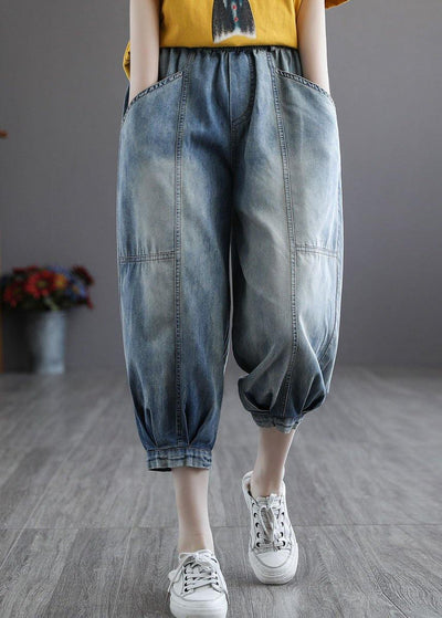 Italian Blue Pockets Elastic Waist Harem Pants denim - SooLinen